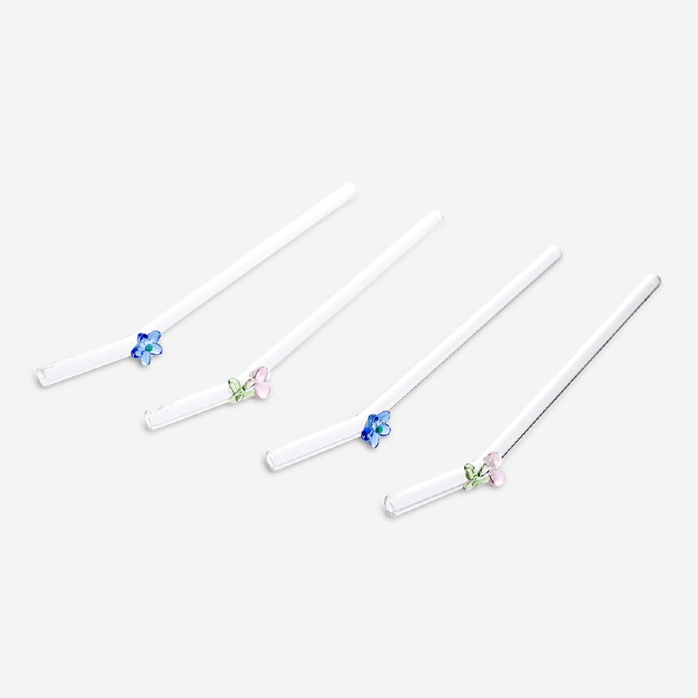 Set of four glass straws with colorful flower and cherry decorations, ideal for kitchen use from Flying Tiger Copenhagen.