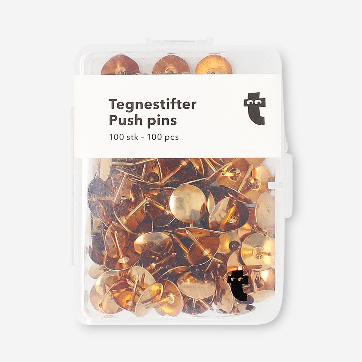 Set of 100 Flying Tiger Copenhagen office push pins on a white background, showing colorful metal push pins for bulletin boards.