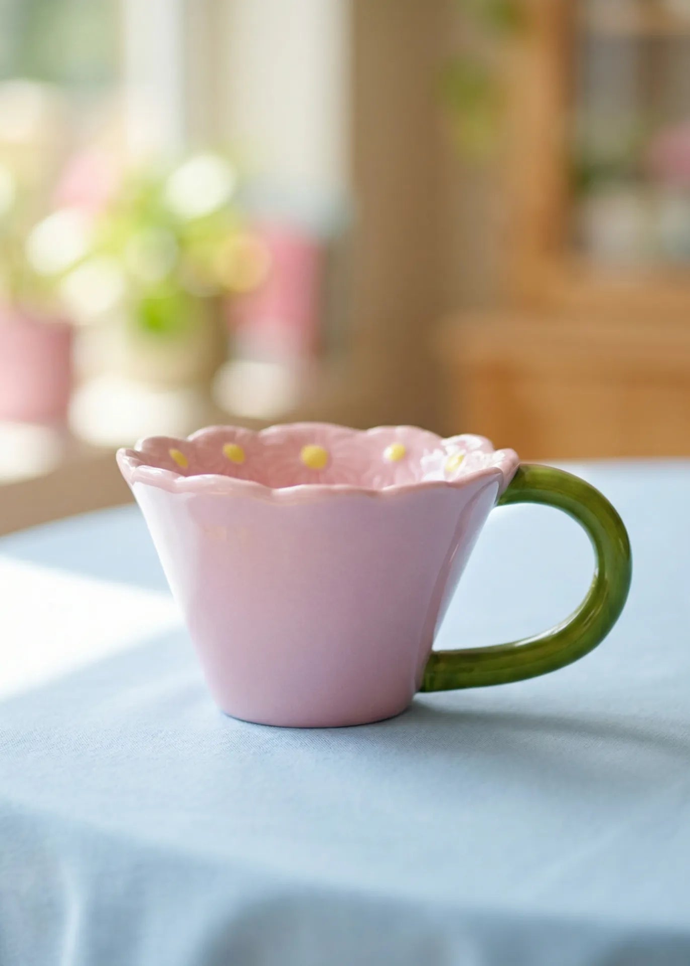 Pink flower mug by Flying Tiger Copenhagen, 115 ml capacity, featuring a floral design on a ceramic material.