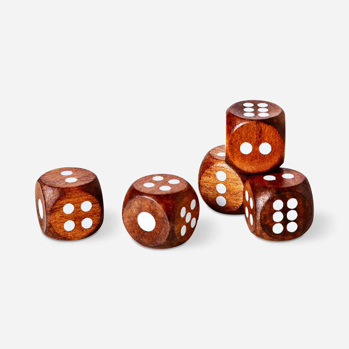 Set of five wooden dice for games, made by Flying Tiger Copenhagen, featuring natural wood finish and classic cube shape.