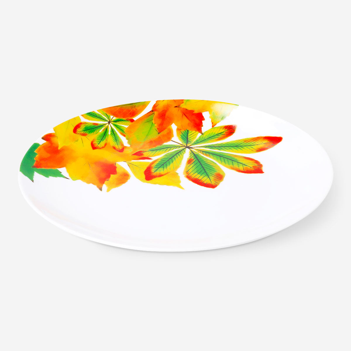 Flying Tiger Copenhagen 27cm autumn print kitchen plate with colorful fall leaf design and vibrant seasonal pattern.