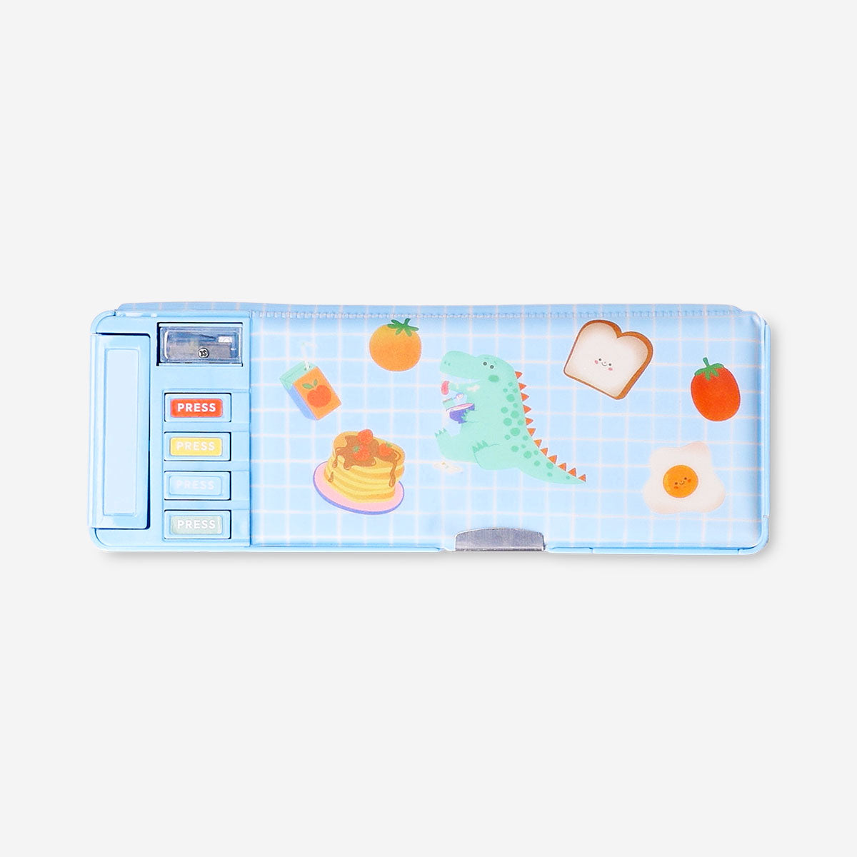 Blue multi functional pencil case with dinosaur