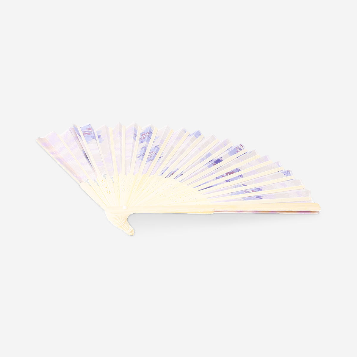 Foldable bamboo fan with abstract purple textile design by Flying Tiger Copenhagen, showcasing its lightweight, portable style.