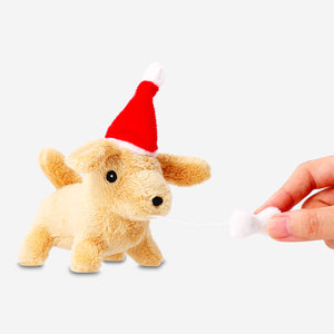 Soft plush dog toy from Flying Tiger Copenhagen wearing a festive Christmas hat, ideal for holiday cuddles and play.