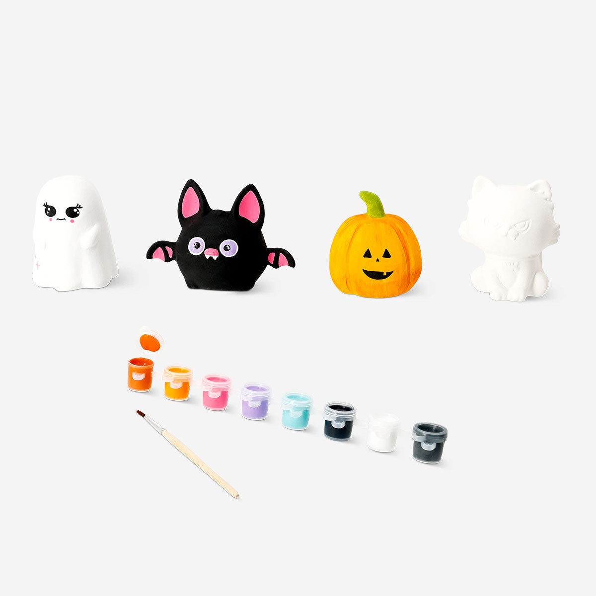 Set of four DIY decorative Halloween figures with paint and brush from Flying Tiger Copenhagen, perfect for creative Halloween crafts