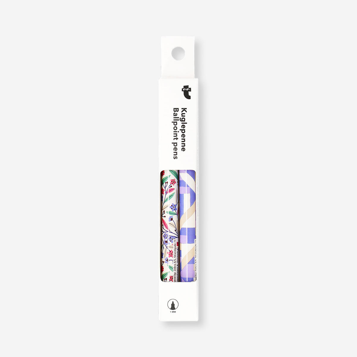 Set of two Flying Tiger Copenhagen ballpoint pens with colorful fun print designs for office use.