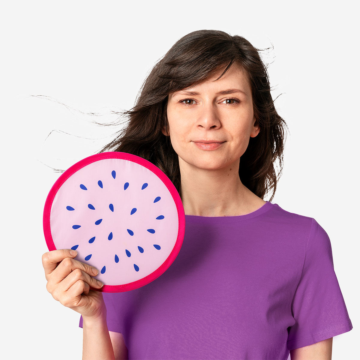 Foldable textile fan with dragon fruit print by Flying Tiger Copenhagen, featuring vibrant fruit illustrations and a compact design.