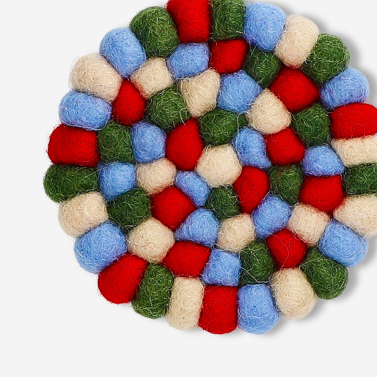 Colorful wool trivet from Flying Tiger Copenhagen, 10 cm kitchen accessory with mixed vibrant colors and soft textured surface.