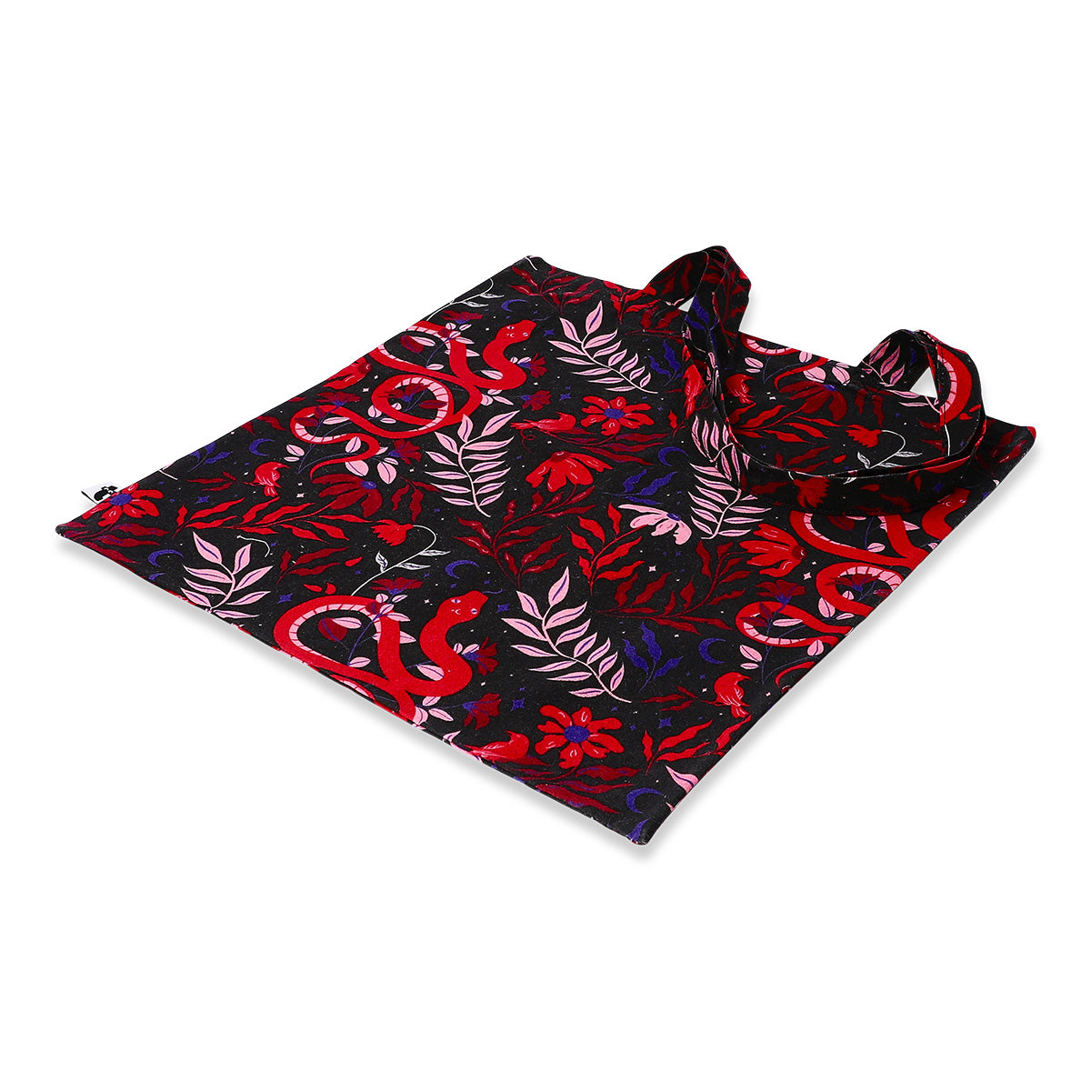 Black floral tote bag made of textile by Flying Tiger Copenhagen, featuring a spacious design with colorful flower patterns.