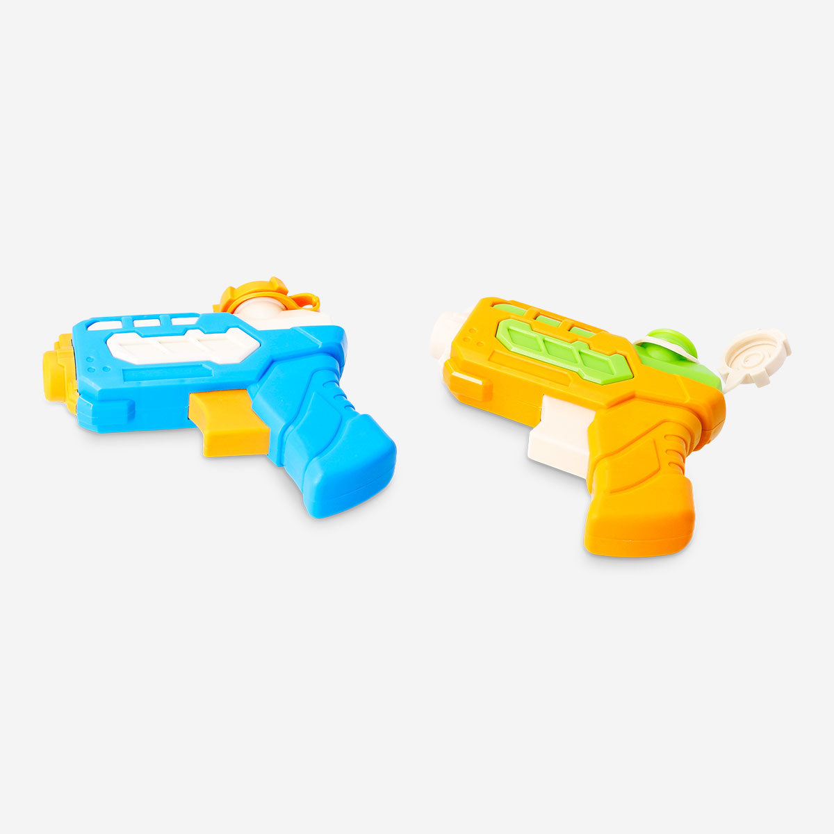 Two Flying Tiger Copenhagen water blasters toy guns for kids, colorful plastic water guns ready for outdoor fun.