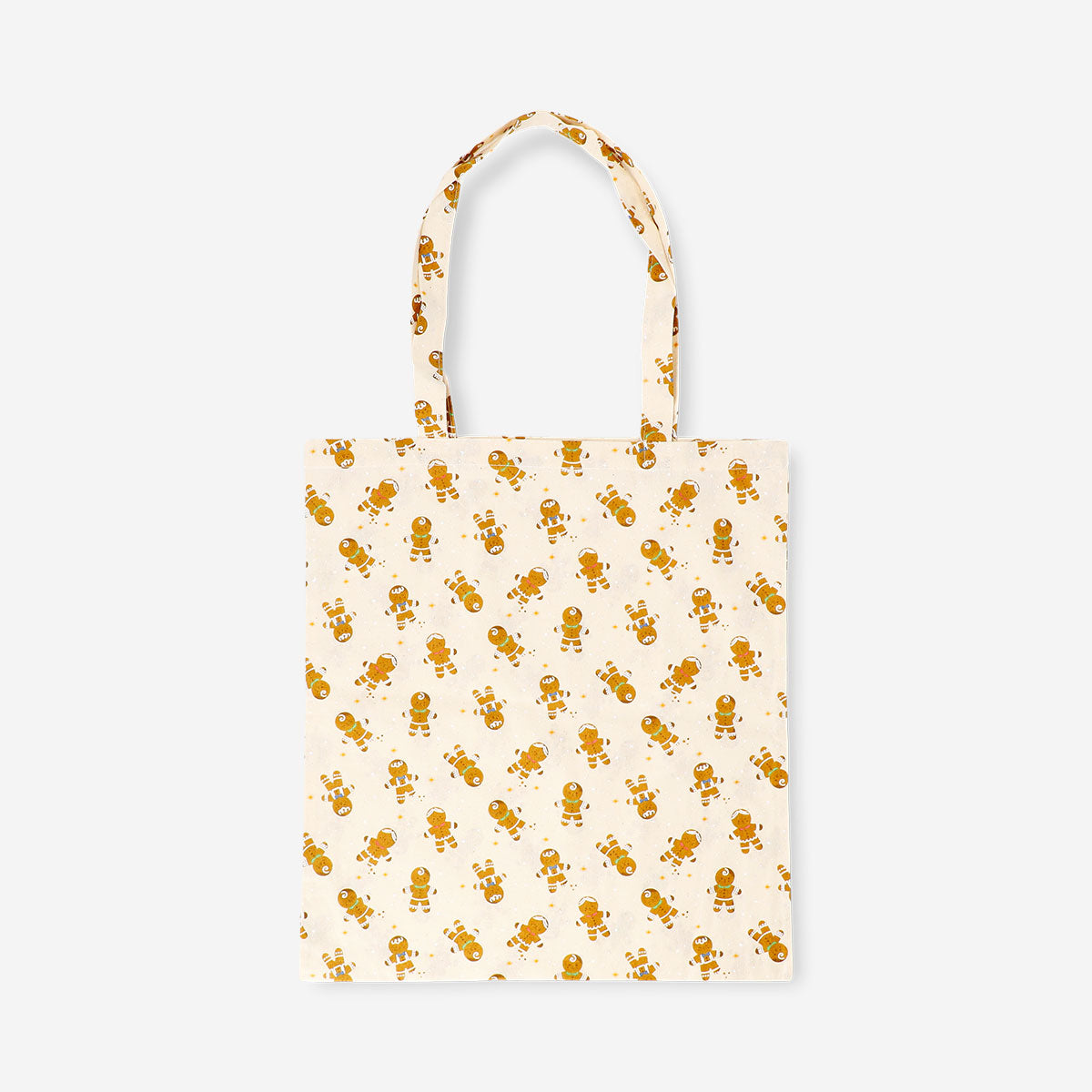 Textile tote bag featuring gingerbread people design from Flying Tiger Copenhagen, with colorful holiday-themed print.