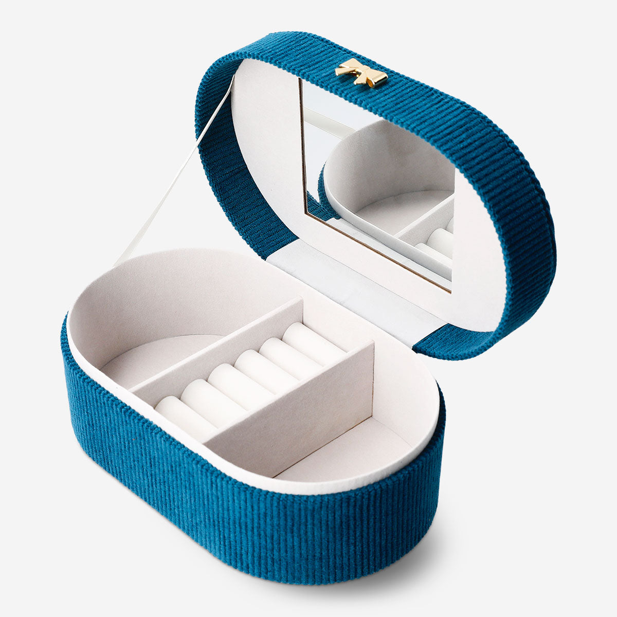 Velvet jewellery storage box with bow, 22 cm, by Flying Tiger Copenhagen, featuring compartments for organizing rings and necklaces.