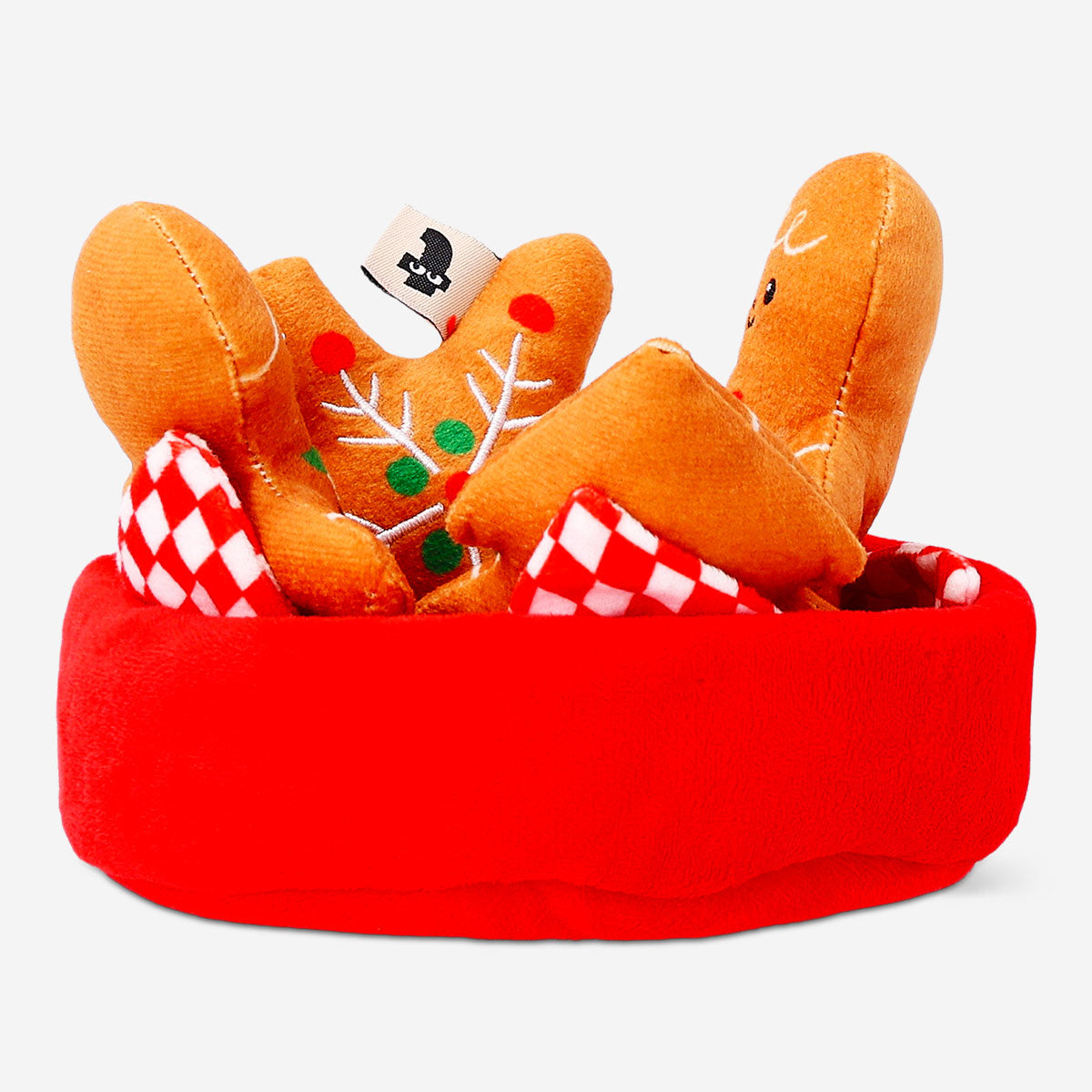 Flying Tiger Copenhagen plush toy basket filled with gingerbread cookie designs, soft and cuddly for children.