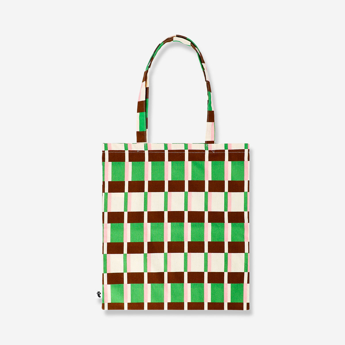 Multi-colored striped textile tote bag by Flying Tiger Copenhagen, featuring vibrant fabric and sturdy handles.