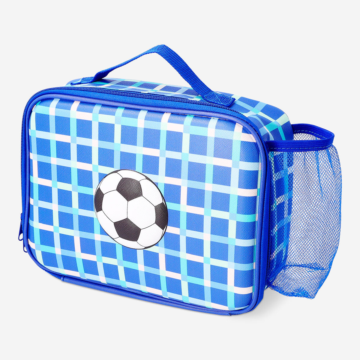 Blue lunchbox bag with football motif from Flying Tiger Copenhagen, measuring 19x25 cm, ideal for school or travel use.