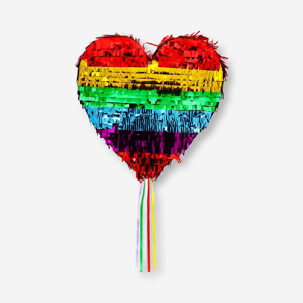 Colorful rainbow heart party piñata from Flying Tiger Copenhagen, 35 cm tall, decorated with vibrant rainbow and heart shapes.