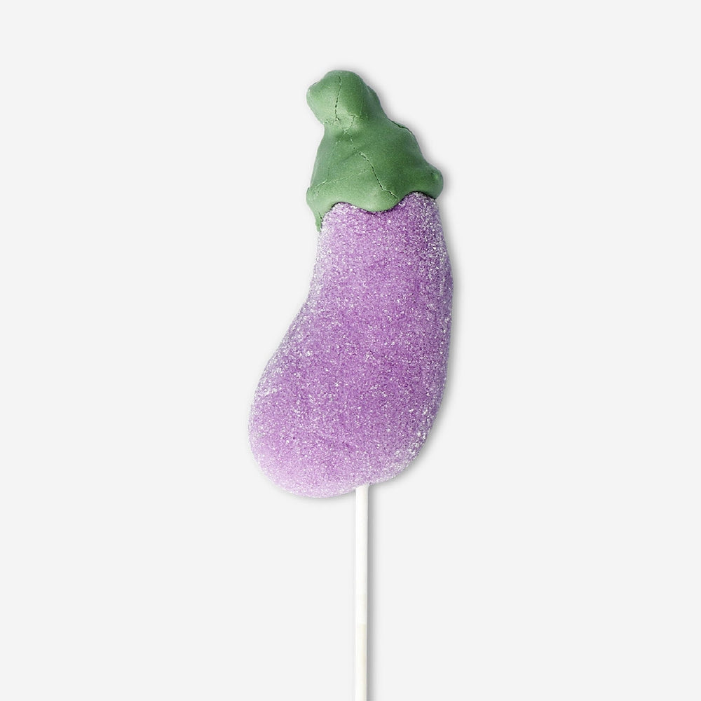 Flying Tiger Copenhagen marshmallow on a stick with eggplant flavor, colorful and sweet snack on a wooden stick.