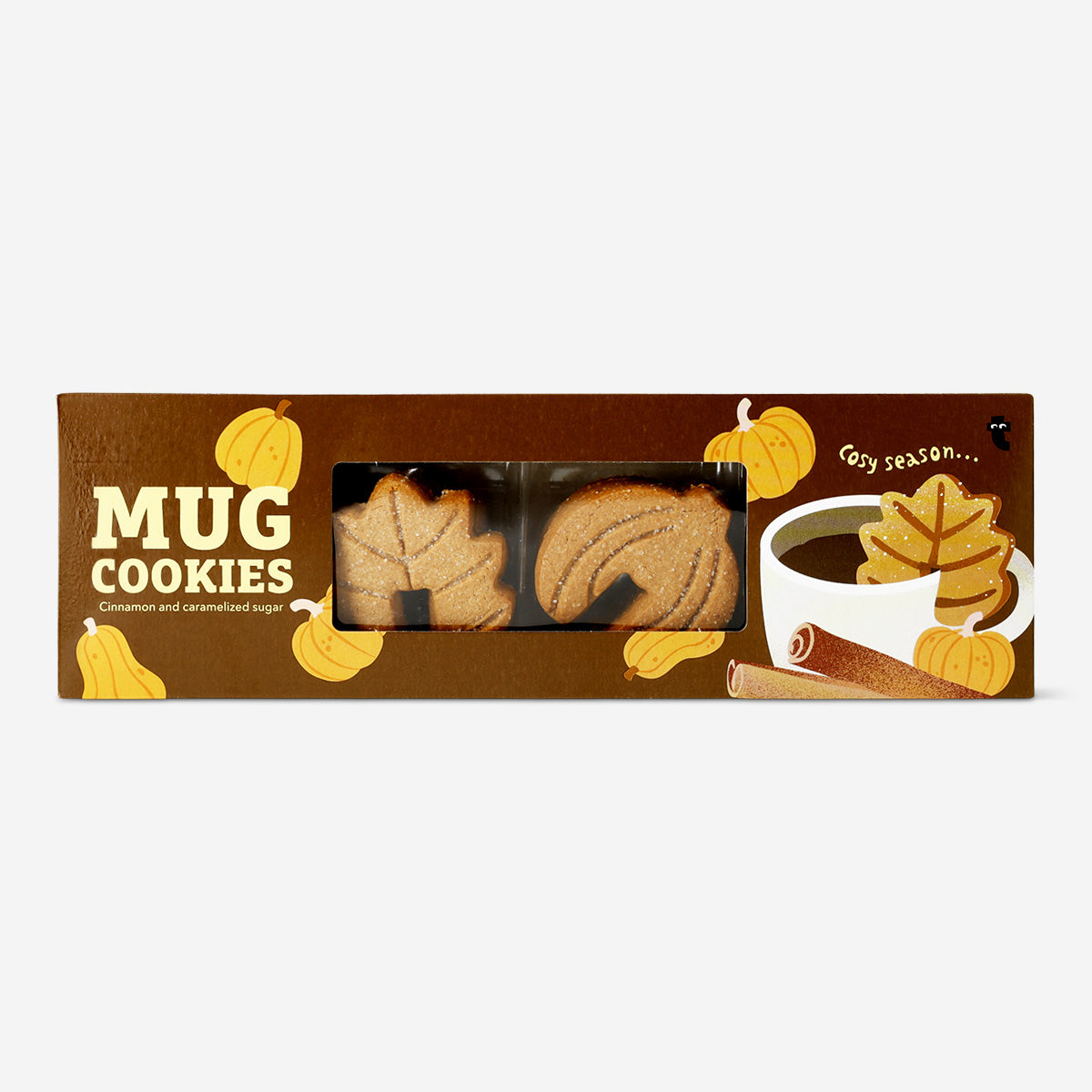 Cinnamon-flavored pumpkin and autumn leaves mug cookies by Flying Tiger Copenhagen, featuring festive seasonal design and fall flavors.