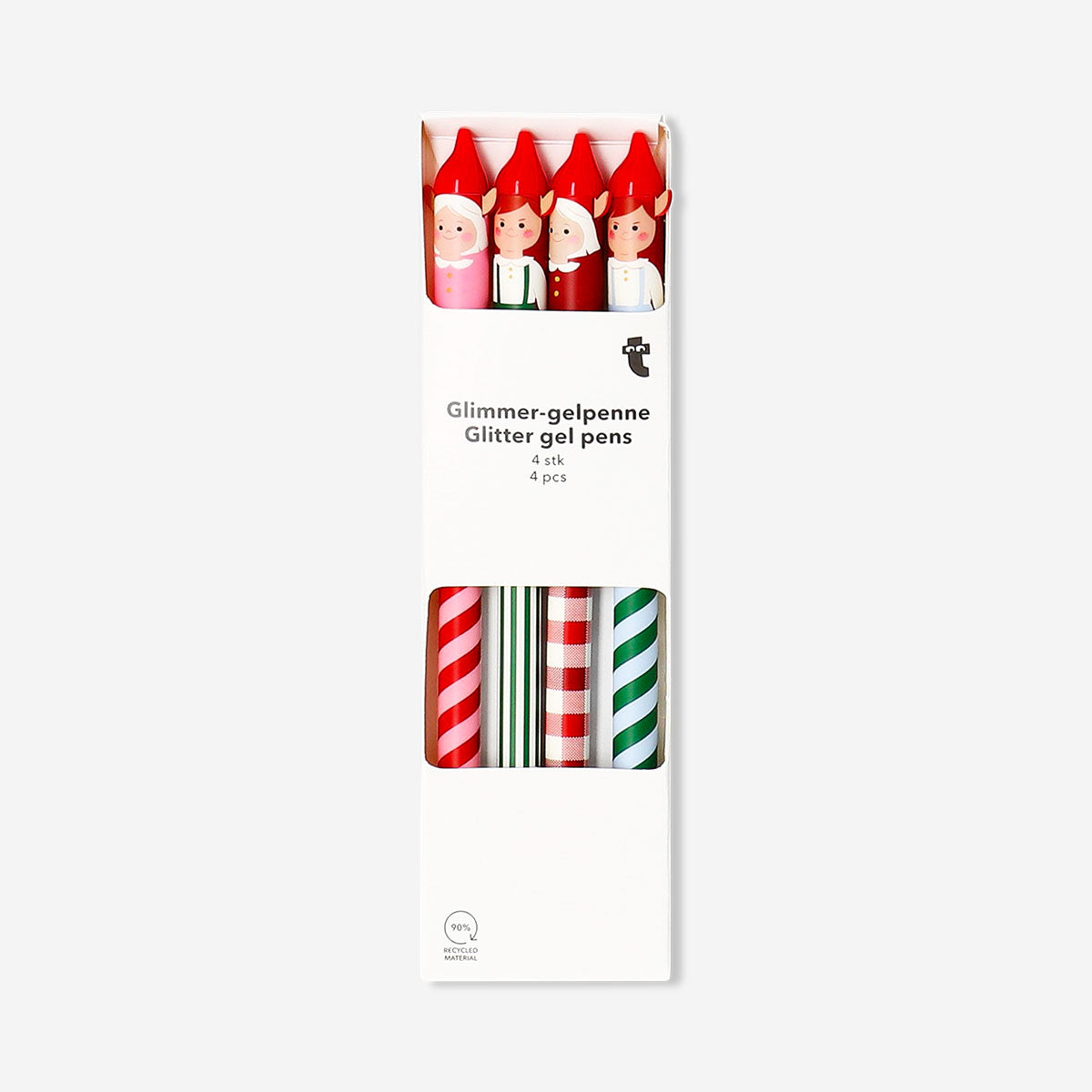 Set of four Glitter gel pens with elf toppers from Flying Tiger Copenhagen, ideal for office and creative writing.