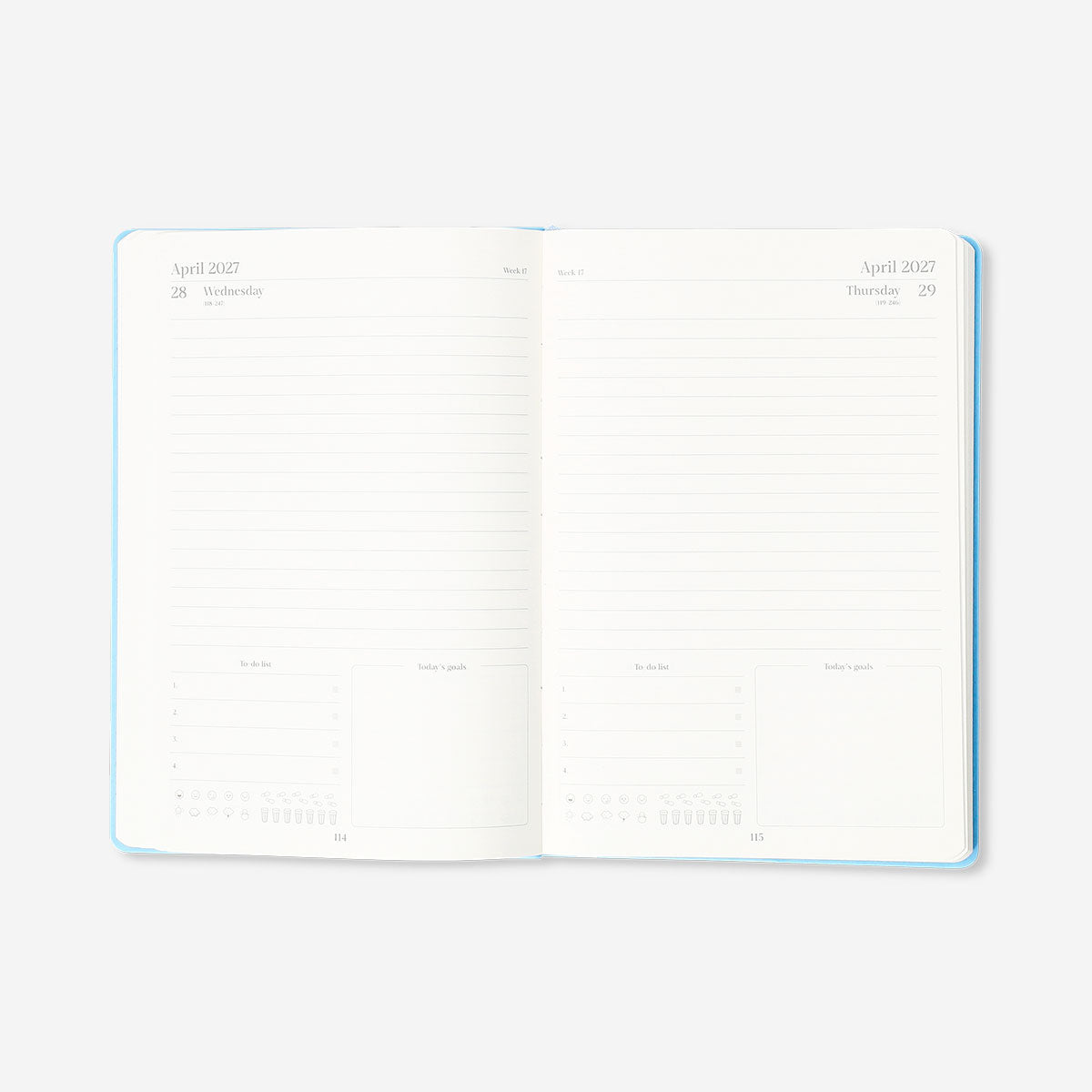 A5 blue daily diary 2027 by Flying Tiger Copenhagen, open to pages with date entries and planner sections.