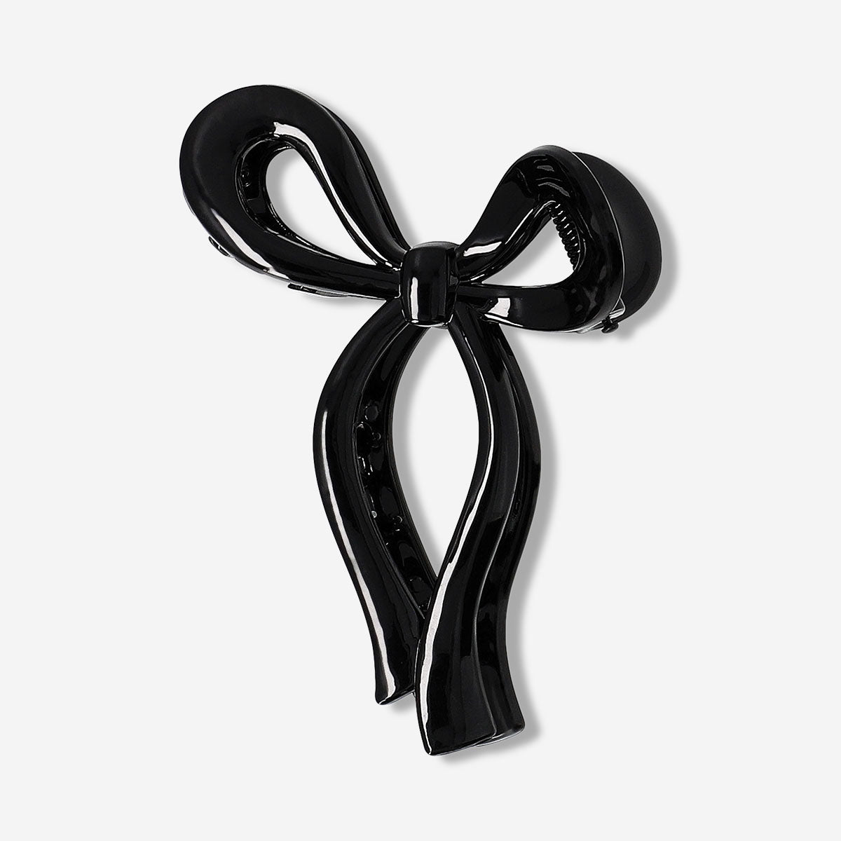 Black textile bow hairclip with a sleek design, perfect for styling hair and adding a touch of elegance.
