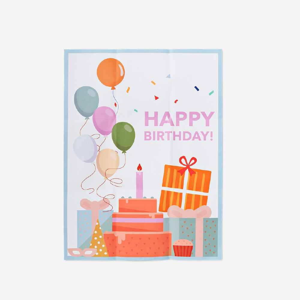 Flying Tiger Copenhagen birthday card with colorful "Happy Birthday" poster design, ideal for office celebrations.
