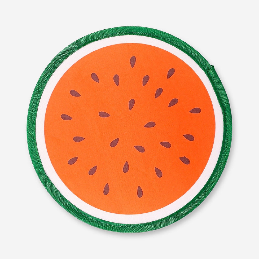 Foldable watermelon print textile fan by Flying Tiger Copenhagen, featuring a colorful, lightweight design perfect for summer use.