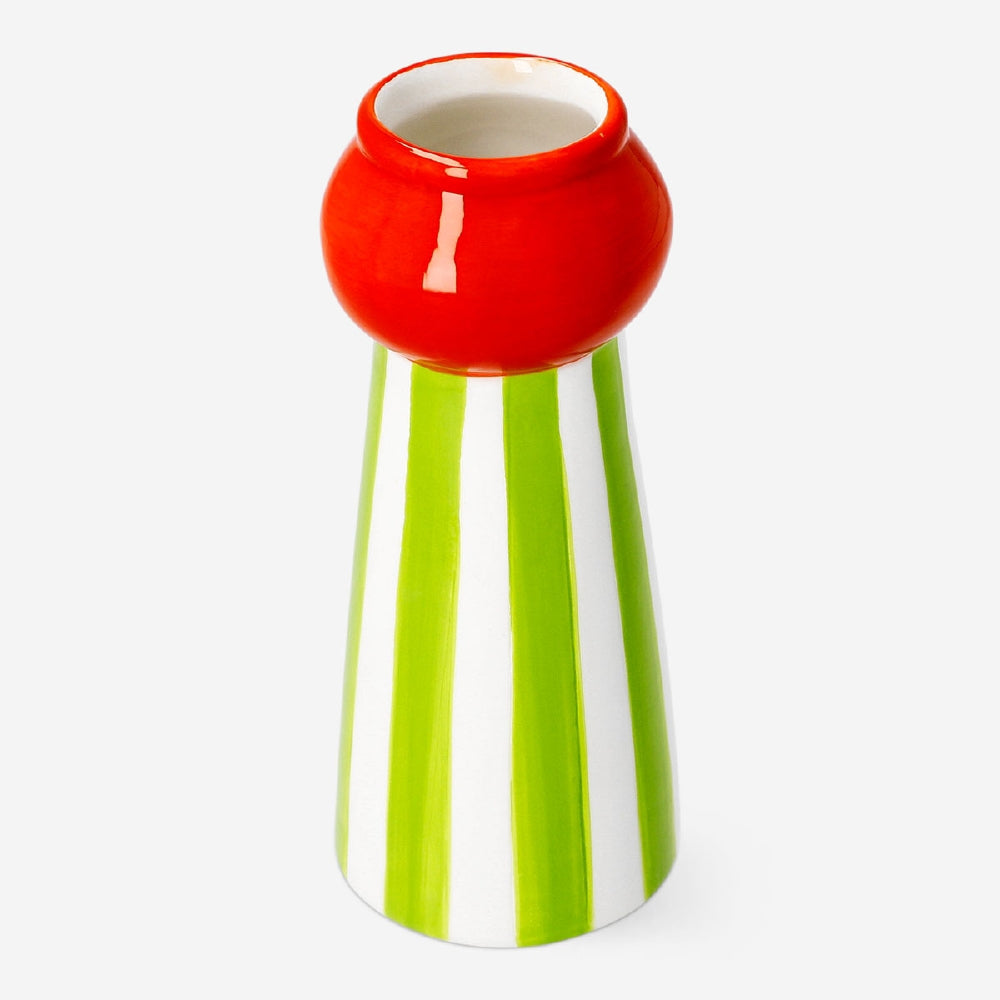 Ceramic vase with green stripes, 18 cm tall, designed by Flying Tiger Copenhagen, ideal for home decor or floral arrangements.
