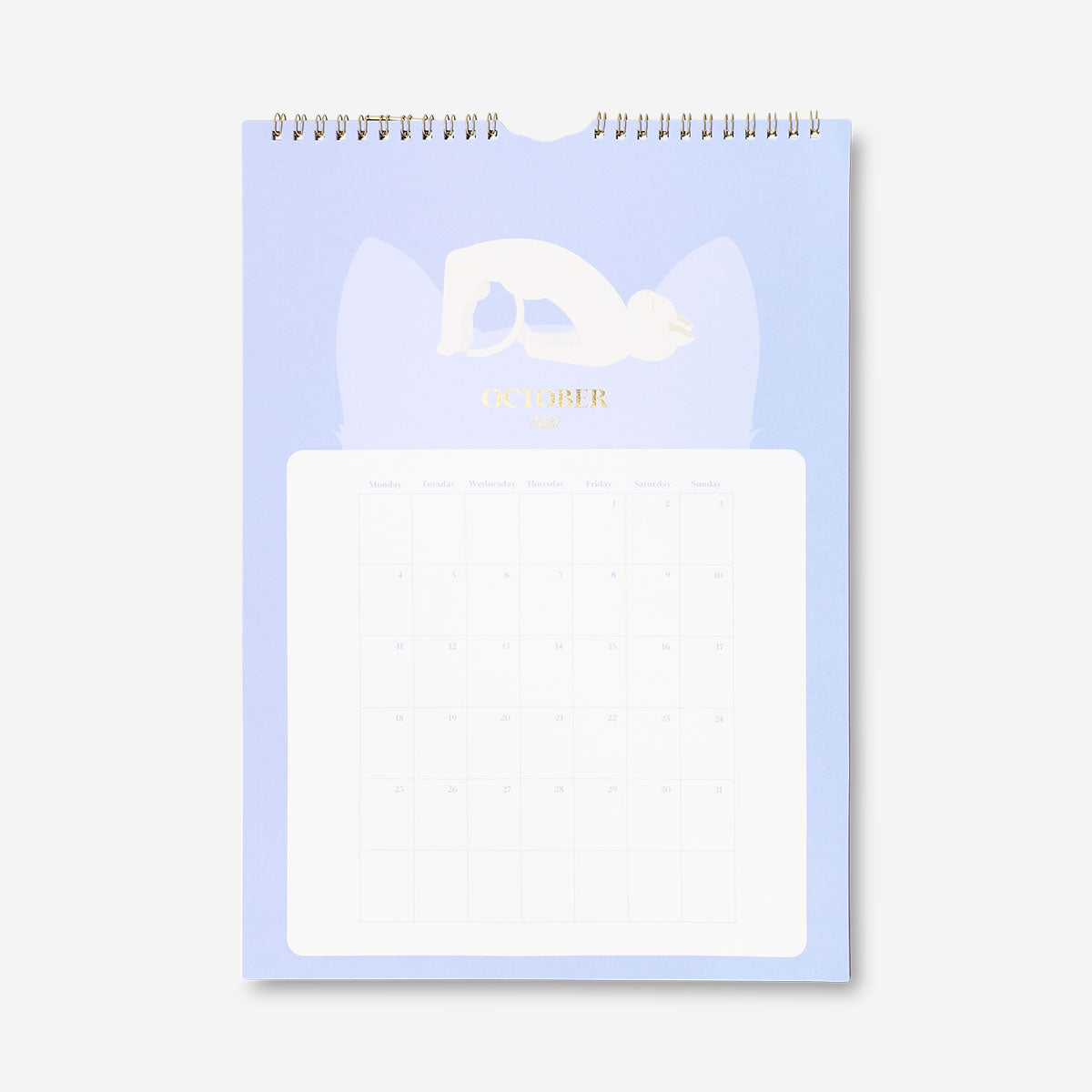 Flying Tiger Copenhagen yoga cat monthly calendar for hanging, 2027, featuring colorful cat illustrations for office or home use.