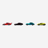 Set of four Flying Tiger Copenhagen color-changing toy cars with vibrant designs and adjustable features.