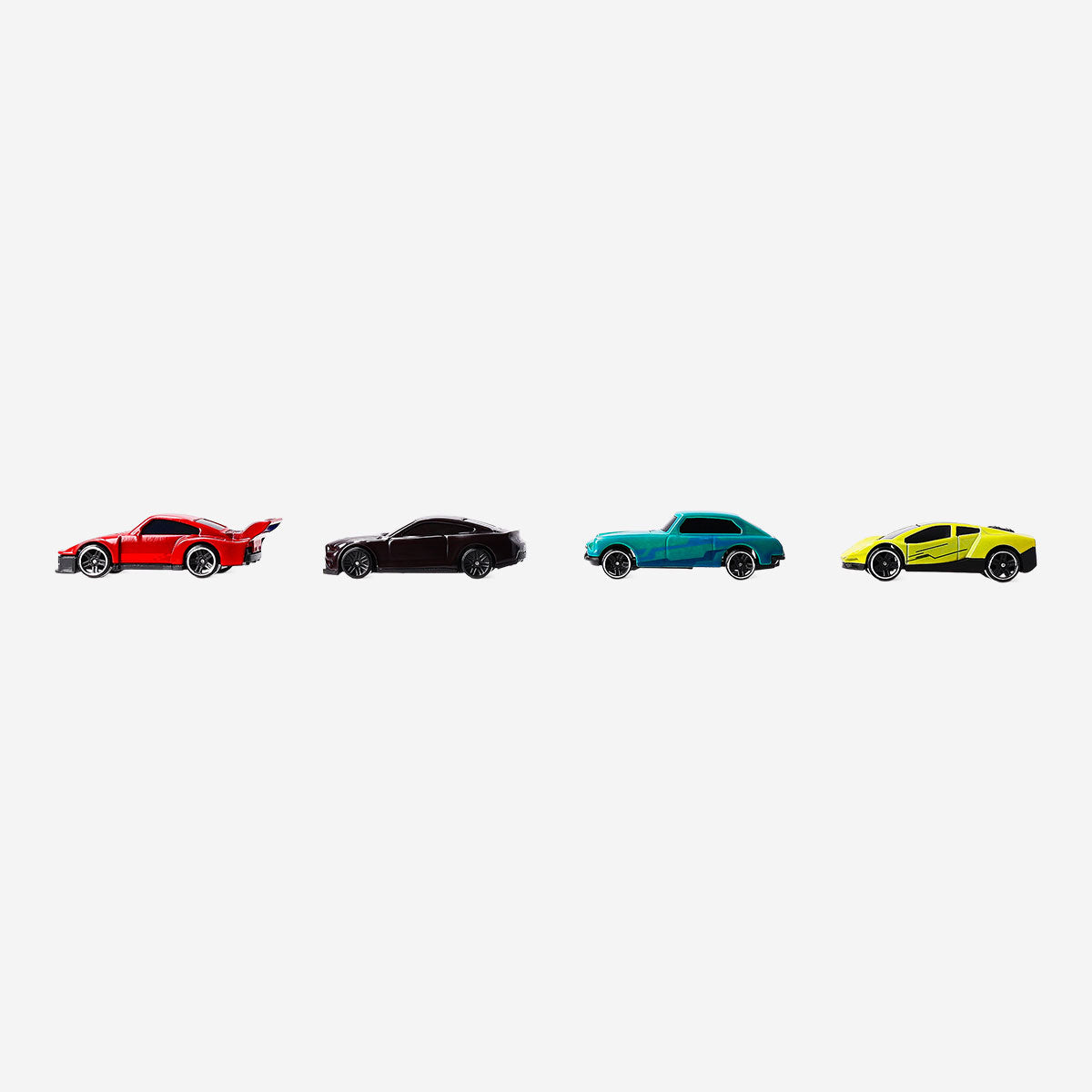 Set of four Flying Tiger Copenhagen color-changing toy cars with vibrant designs and adjustable features.