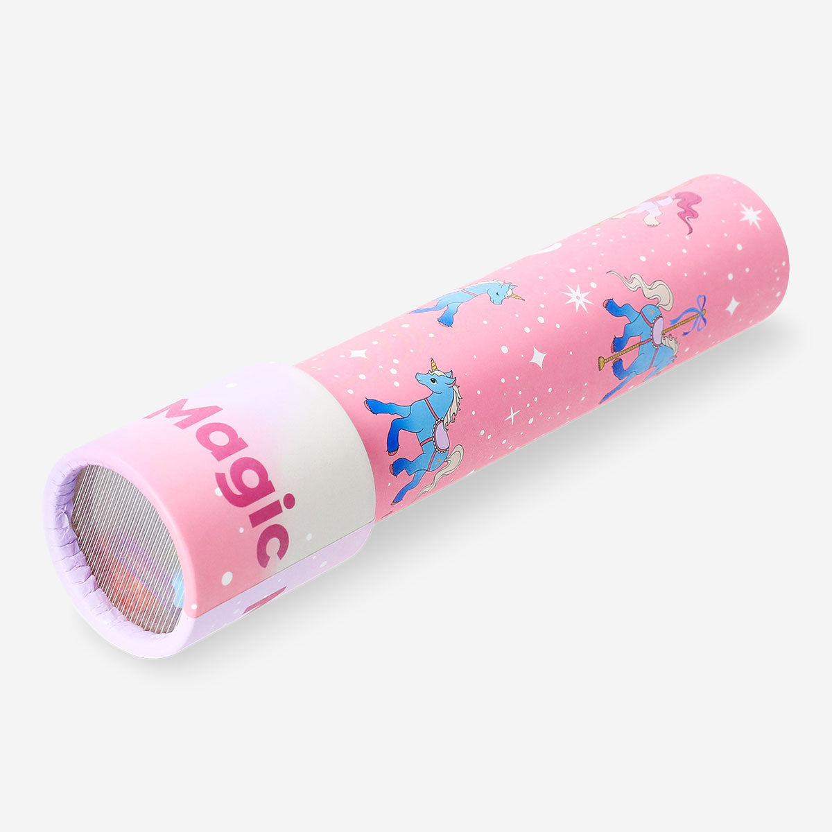Colorful unicorn kaleidoscope toy by Flying Tiger Copenhagen showing a vibrant, patterned view through the lens.