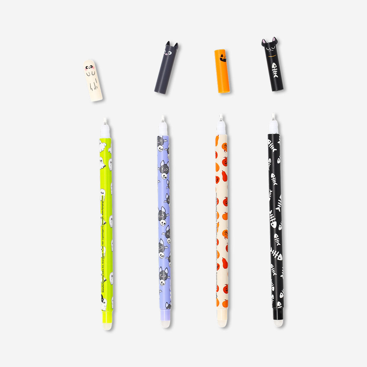 Set of four erasable gel pens with Halloween prints from Flying Tiger Copenhagen, ideal for office or school use.