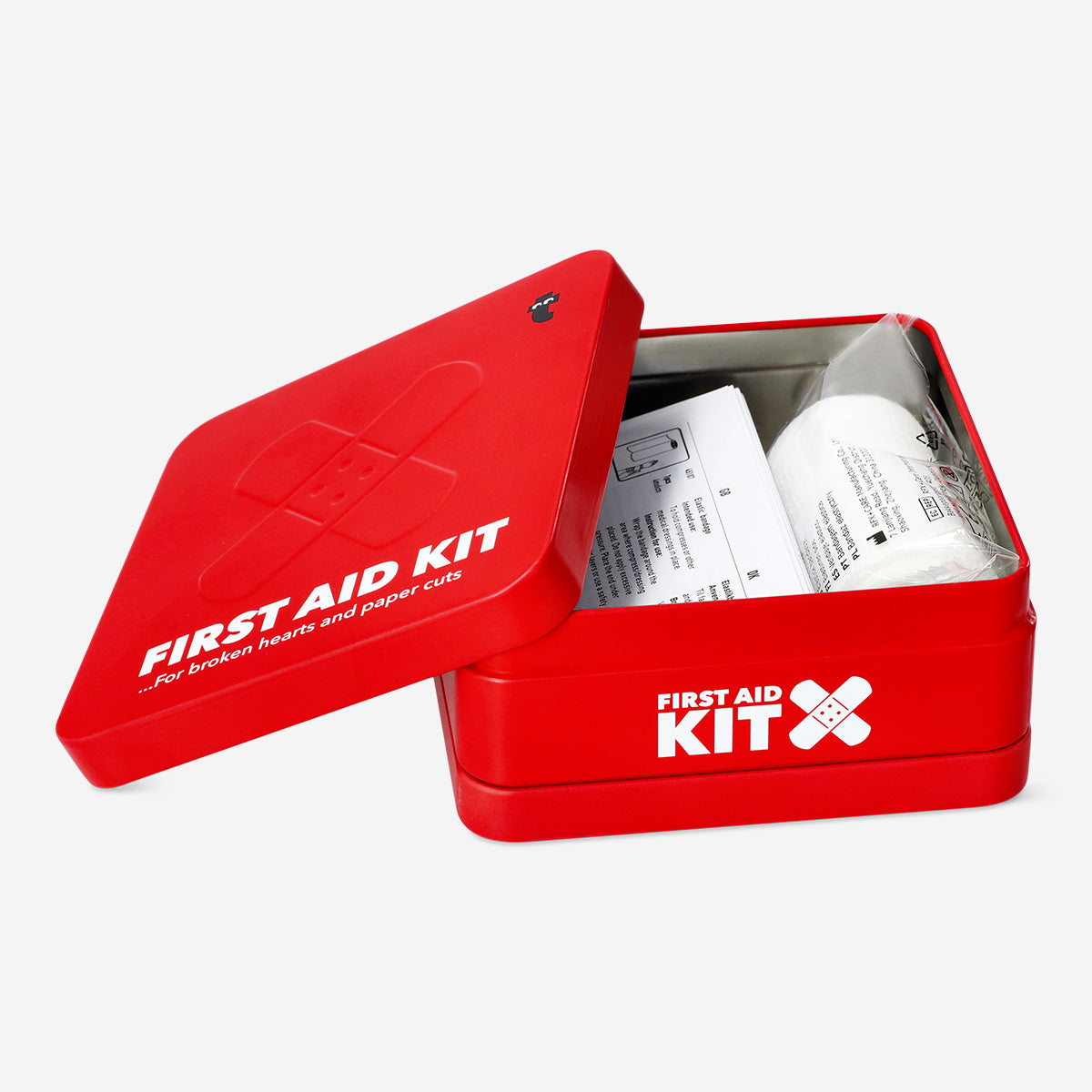 Flying Tiger Copenhagen first aid kit in tin box with 23 personal care medical supplies, compact and portable for emergencies.
