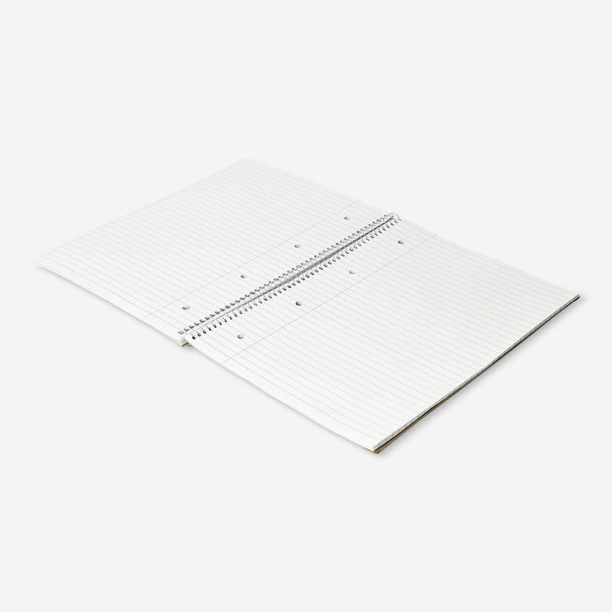 A4 spiral-bound lined notebook with a craft paper cover by Flying Tiger Copenhagen, open to show lined pages inside.