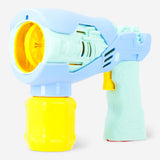 Blue toy soap bubble blaster from Flying Tiger Copenhagen, showing the bubble-making device with soap solution inside.
