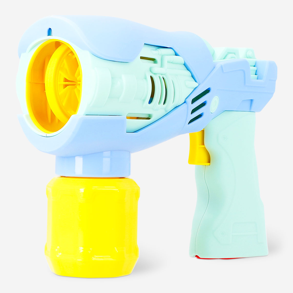 Blue toy soap bubble blaster from Flying Tiger Copenhagen, showing the bubble-making device with soap solution inside.