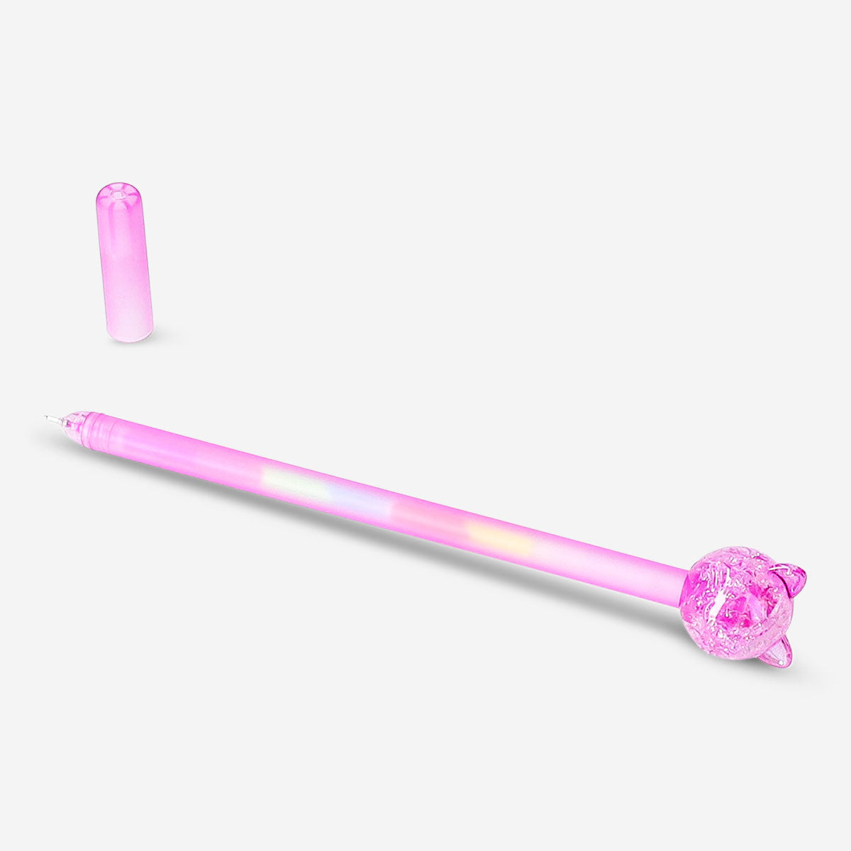 Multi-colored gel pen with purple cat topper, ideal for office use, by Flying Tiger Copenhagen, featuring vibrant ink colors.
