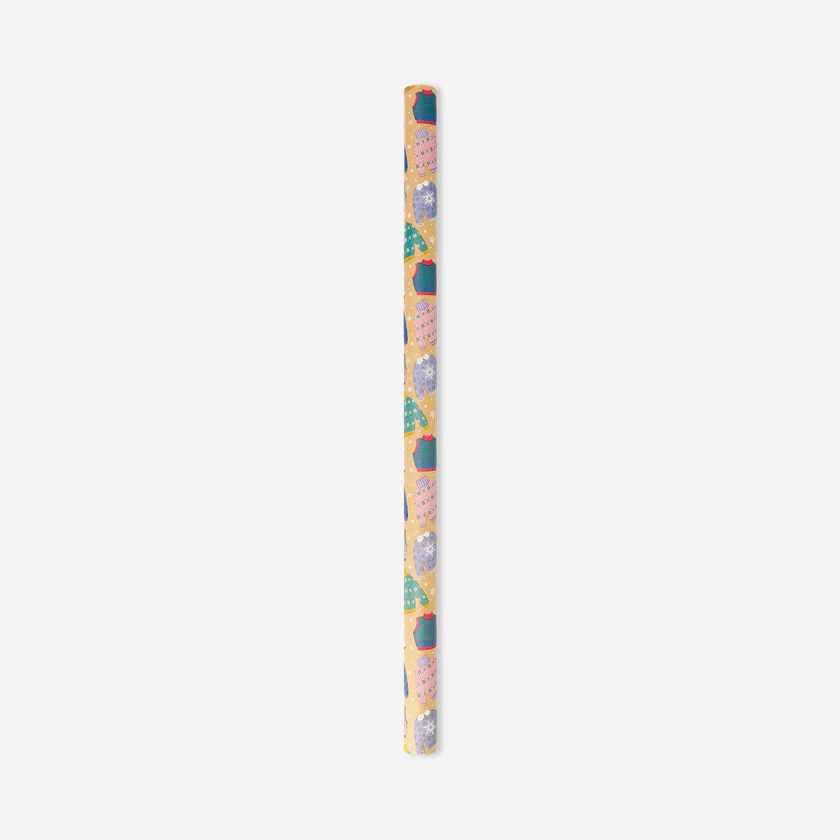 Flying Tiger Copenhagen CL wrapping paper in 400x70cm roll with colorful, festive patterns on white background.