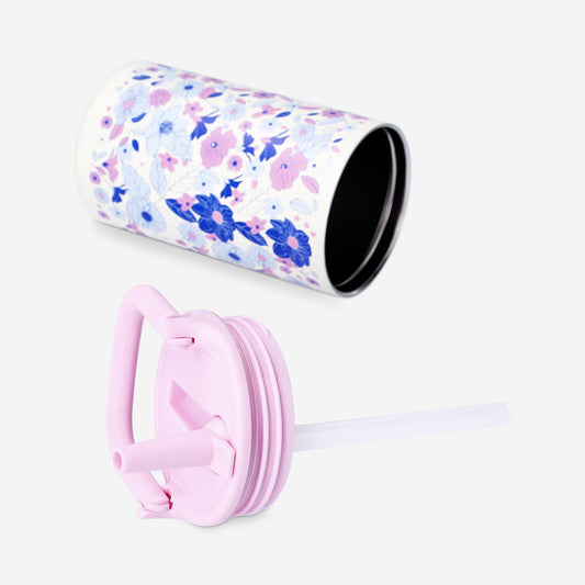 Pink floral drinking bottle with straw - 400 ml
