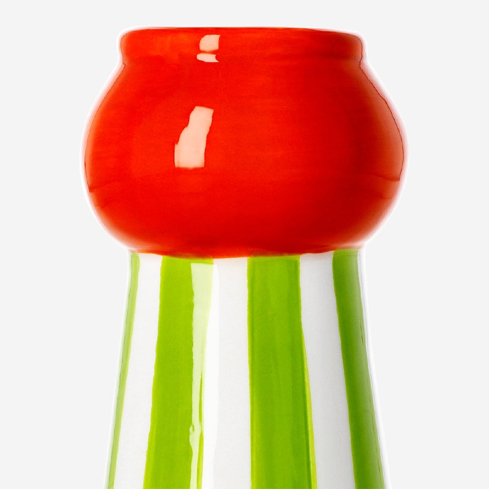 Ceramic vase with green stripes, 18 cm tall, designed for home decor by Flying Tiger Copenhagen.