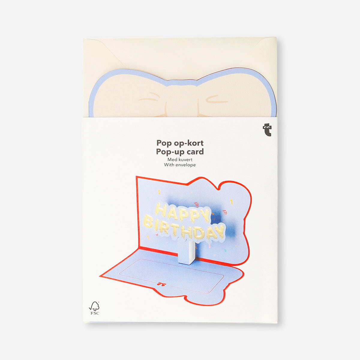 Flying Tiger Copenhagen birthday pop-up gift card featuring colorful, festive office-themed design with a 3D pop-up element.