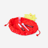 Flying Tiger Copenhagen strawberry cosmetic bag for personal care, featuring a bright red strawberry design with green leaves.