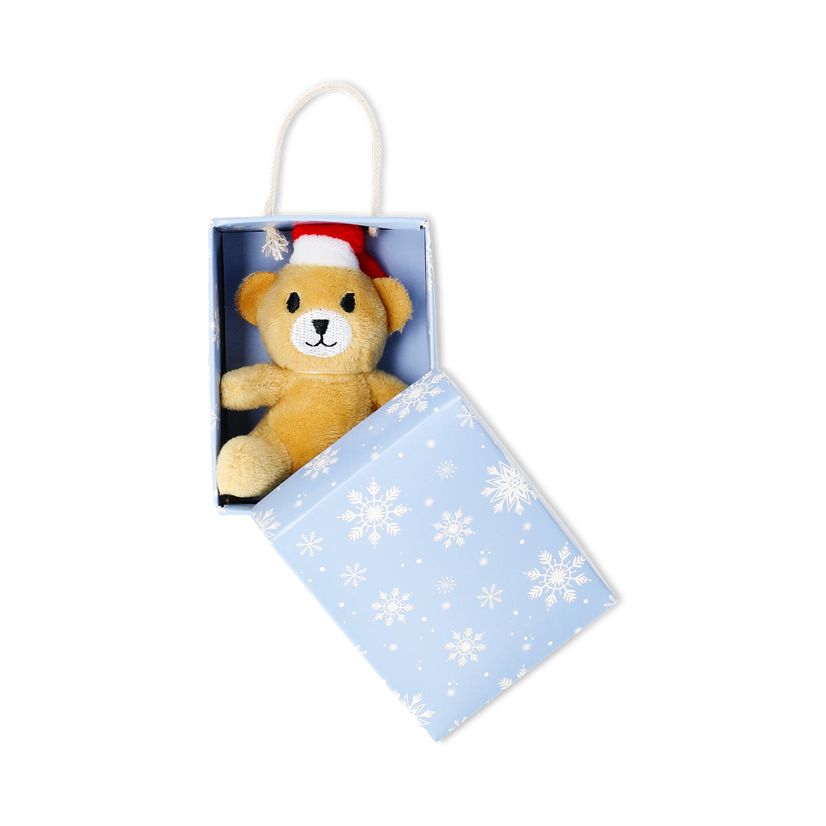 Mini plush teddy bear toy from Flying Tiger Copenhagen in a box, soft and adorable for children or collectors.