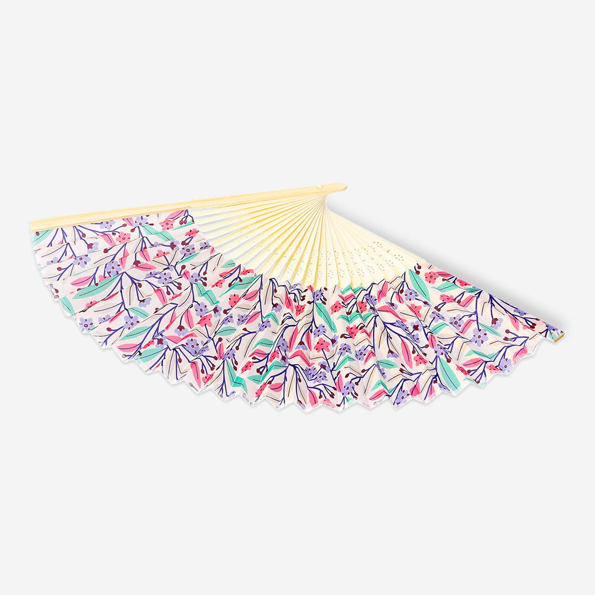 Foldable bamboo fan with textile fabric featuring multicolored floral patterns, by Flying Tiger Copenhagen.