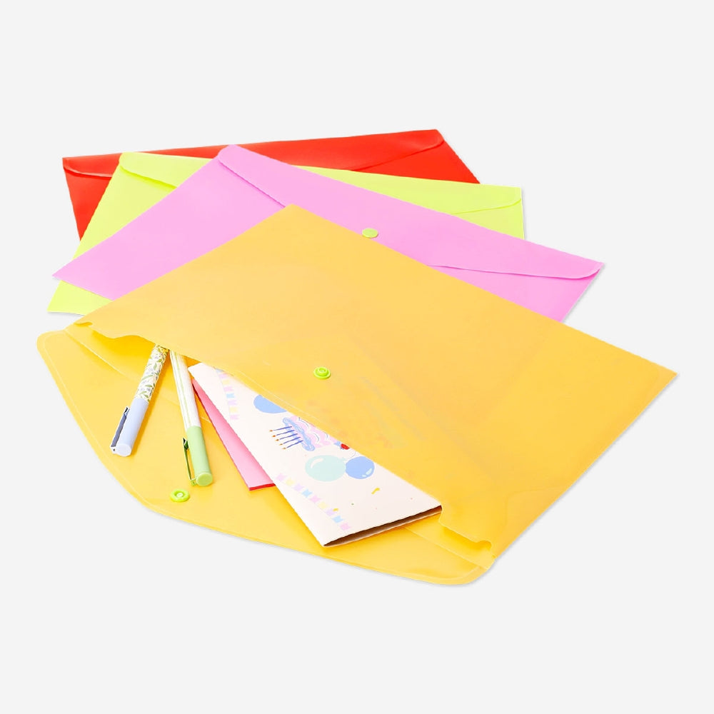 Four colorful A4 office document folders by Flying Tiger Copenhagen, showing vibrant plastic folder designs.