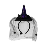 Adult witch's hat with veil costume hairband for parties, featuring a black pointed hat and sheer veil, by Flying Tiger Copenhagen.