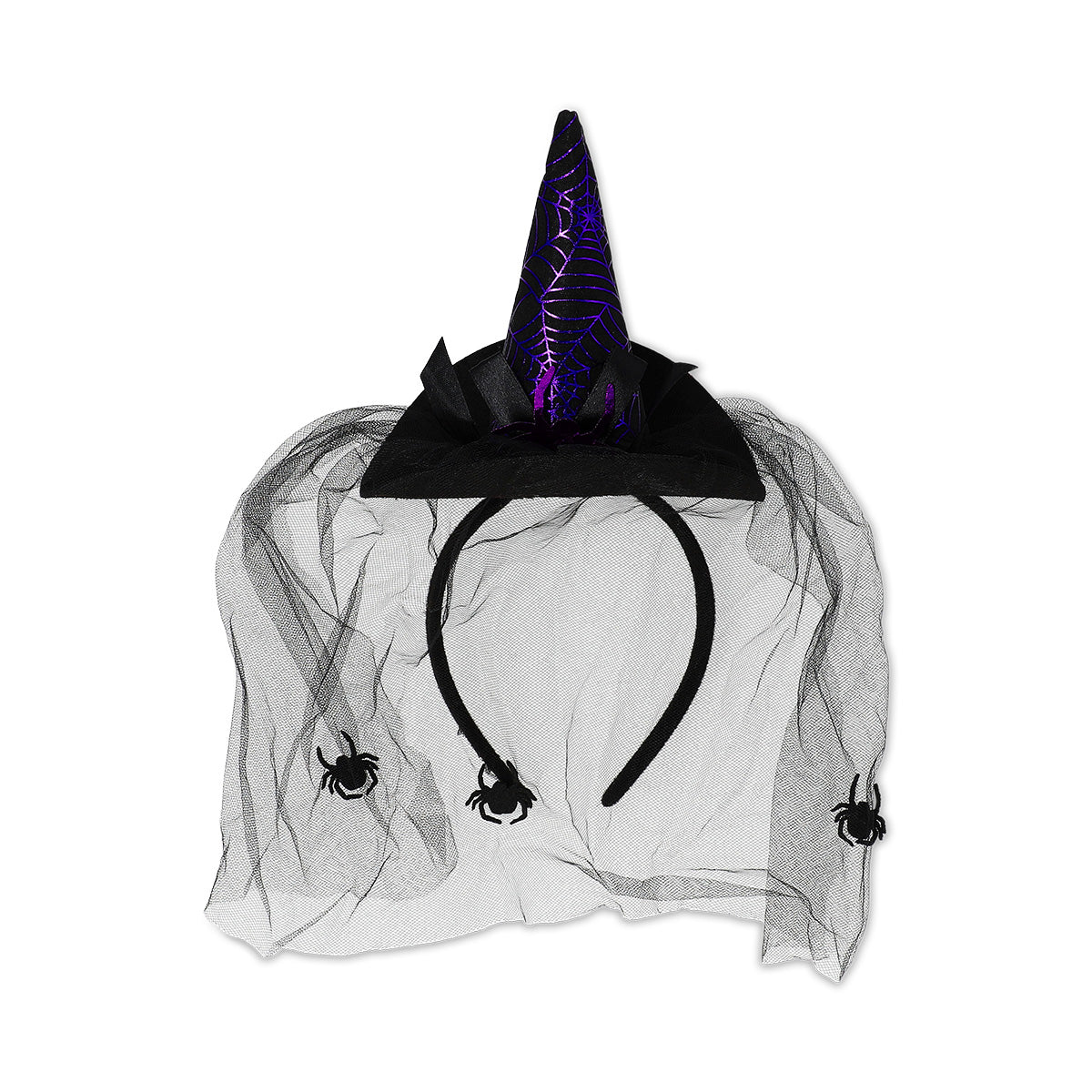 Adult witch's hat with veil costume hairband for parties, featuring a black pointed hat and sheer veil, by Flying Tiger Copenhagen.