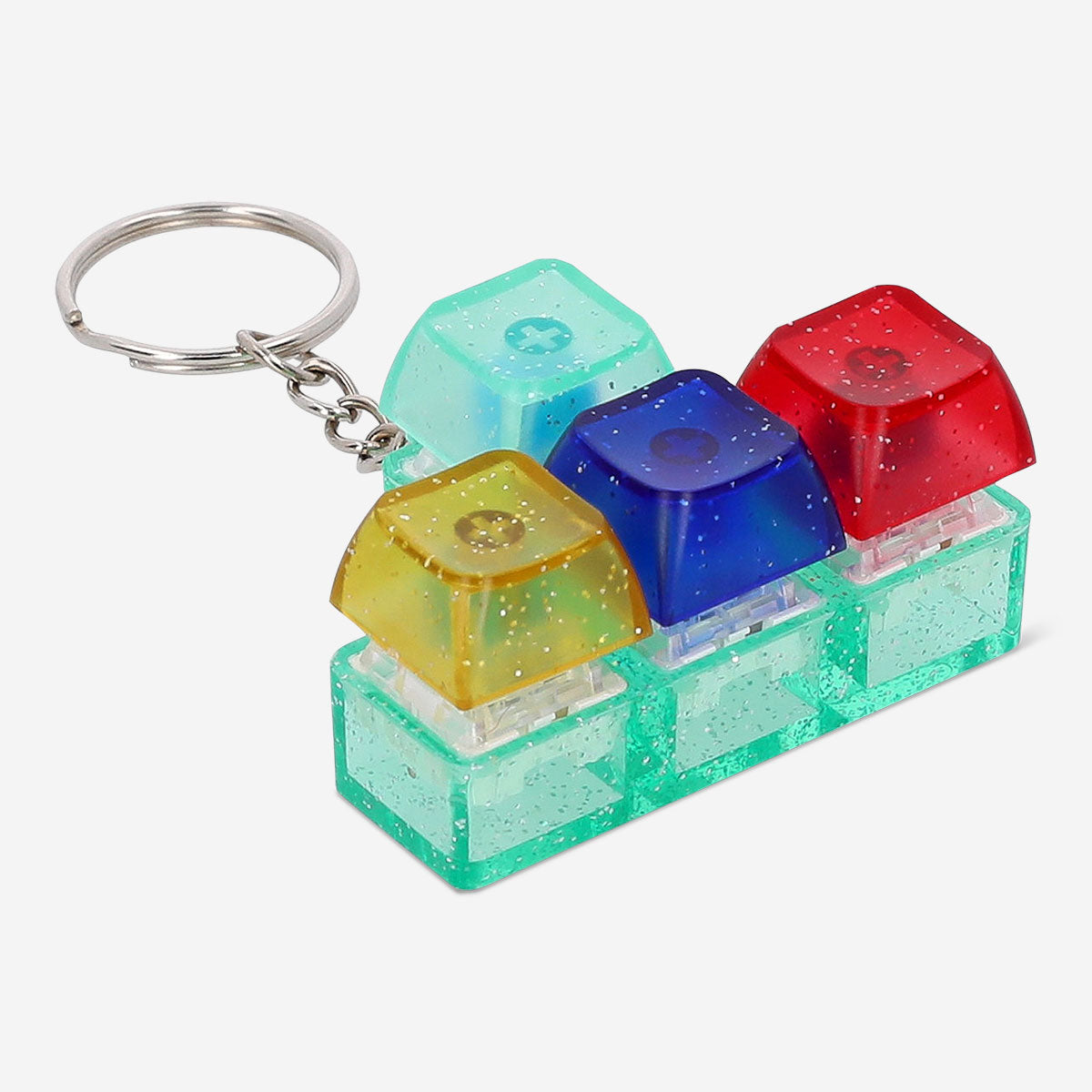 Flying Tiger Copenhagen clicking key ring gadget with a colorful, textured surface and keyring attachment visible.