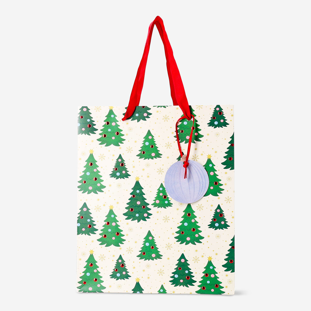 Office gift bag with embossed Christmas trees, Flying Tiger Copenhagen holiday-themed paper bag for wrapping presents during Christmas.